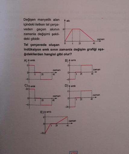 Değişen manyetik alan
içindeki iletken tel çerçe-
veden geçen akının $
zamanla değişimi şekil-
deki gibidir.
0
0 t 21
Tel çerçevede oluşan
indüksiyon emk sının zamanla değişim grafiği aşa-
ğıdakilerden hangisi gibi olur?
A) 4 emk
E
t
C) 4 emk
28
of
t
2t
21