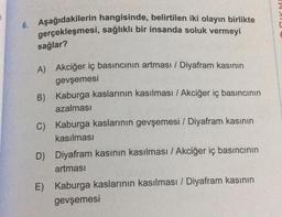 6. Aşağıdakilerin hangisinde, belirtilen iki olayın birlikte
gerçekleşmesi, sağlıklı bir insanda soluk vermeyi
sağlar?
A) Akciğer iç basıncının artması / Diyafram kasının
gevşemesi
B)
C) Kaburga kaslarının gevşemesi / Diyafram kasının
kasılması
Kaburga kaslarının kasılması / Akciğer iç basıncının
azalması
D) Diyafram kasının kasılması / Akciğer iç basıncının
artması
E) Kaburga kaslarının kasılması / Diyafram kasının
gevşemesi