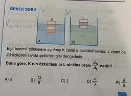 ÖRNEK SORU
V₁₂
d
A) 3
K
Idip
Eşit hacimli bölmelere ayrılmış K cismi d özkütleli sıvıda, L cismi de
2d özkütleli sıvıda şekildeki gibi dengededir.
Meg
Buna göre, K nin özkütlesinin L ninkine oranı
B)-13
5
2d
C) 2
dk
dL
D) A
nedir? Ö
E)
9
8