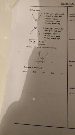 ta
Tepe Noktası
A) -3
T(r,k)
T(r,k)
20
B) 0
r: fonksiyonun değerinin k
olabilmesi in x yerine
konulması gereken say!
Buna göre, a değeri kaçtır?
ks kolları yukarı yönlü parabdin
olabileceği en küçük deger.
ki kolları açağı yönlü parabolin
alabileceği en bü