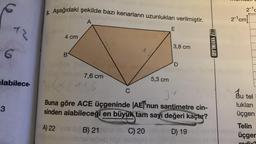 6
12
6
labilece-
3
8. Aşağıdaki şekilde bazı kenarların uzunlukları verilmiştir.
4 cm
B
A
12
7,6 cm
31(x (116
C
5,3 cm
E
3,8 cm
4
Jy
Buna göre ACE üçgeninde AEP'nun santimetre cin-
sinden alabileceği en büyük tam sayı değeri kaçtır?
A) 22
B) 21 bsn C) 20
D) 19
HIZ YAYINLARI
2-1c
2-1 cm
Bu tel i
lukları
üçgen
Telin
üçger