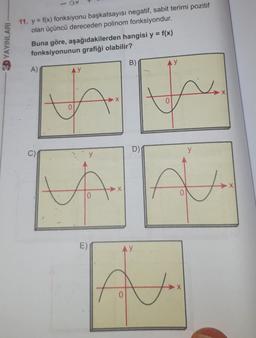 3D YAYINLARI
ax
11. y = f(x) fonksiyonu başkatsayısı negatif, sabit terimi pozitif
olan üçüncü dereceden polinom fonksiyondur.
A)
Buna göre, aşağıdakilerden hangisi y =
fonksiyonunun grafiği olabilir?
0
E)
X
B)
= f(x)
N
D)
$
Ax
fox