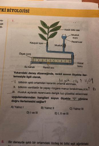 TKİ BİYOLOJİSİ
era-
ge
fif-
8.
7.
Kauçuk tipa-
Ölçek (cm)
Su kanali
2
6
D) I ve III
Musluk
7 8
Kesik bitki dalı
10
Renkli sivi
Yukarıdaki deney düzeneğinde, renkli sıvının ölçekte iler-
lemesiyle ilgili olarak,
Musluk
suyu
Rezervuar
Kılcal
boru
E) I, II ve