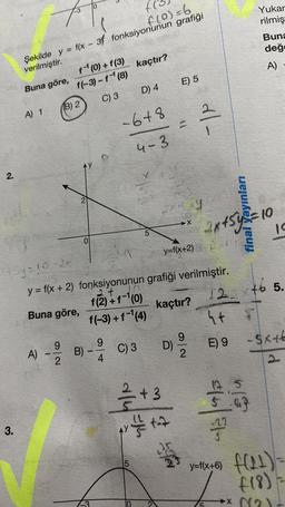 2.
f
f(0) = 6
Şekilde y = f(x - 3 fonksiyonunun grafiği
verilmiştir.
3.
Buna göre,
A) 1
4 Sy=10-2x
(B) 2
A)
f-¹ (0) + f(3)
f(-3) -f-¹ (8)
C) 3
9
2
y = f(x + 2) fonksiyonunun
2+
f(2) + f-¹(0)
Buna göre,
f(-3)+f-¹(4)
B)
9
4
kaçtır?
-6+8
4-3
D) 4
C) 3
5
E) 5
D)
+3
X
2
pxry
y=f(x+2) xf
92
9
grafiği verilmiştir.
kaçtır?
2x+5y8=10
final Yayınları
5
122x+6
ht
E) 9
12 5
47
y=f(x+6)
Yukar
rilmiş
Buna
değe
A)
:47
19
+6 5.
-5x+b
f(11)-
((8)
** N₂1-