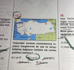 zunluğuna
Kıyılarında
muş deği-
Fred
polo,
Slü kıyı-
ar
eryüzü
e Ill
13.)
DENIZI
AKDENIZ
|||
KARADENIZ
D) Hve V
B) I ve V
SURİYE
IV
GÜRCİSTAN
Yukarıdaki haritada numaralanmış kı-
yıların hangilerinde bir ada ile karayı
birbirine bağlayan tombolo adı verilen
şekillere rastlanır?
A) I ve III
ERMENISTAN
E) III ve IV
IRAK
C) II ve IV
15.
Teke Yarıma
dağlar kıyıya
önünde kıyıy
NE
adalar bulunu
AHOGYAN
Buna göre
aşağıdaki kı
wich WIKIP
lür?
RES
A) Ria
C) Watt kiyi