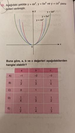 10. Aşağıdaki şekilde y = ax², y = bx² ve y = cx² para-
bolleri verilmiştir.
A)
B)
C)
D)
E)
a
CLE
Buna göre, a, b ve c değerleri aşağıdakilerden
hangisi olabilir?
-1
1
2
O
114
7|2
Ay math
0
y = cx²
b
-2
w/1
1
13
y = ax² BA
y = bx²
1
4
C
-3
-14
2
1/2
(2)1(A)
(x) (0
13
-X
ot
ilgiminev hebsite ensinovicino)