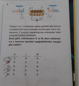 3.
X
A)
B)
C)
WH
KSN SNS
ES
3
LN
Özdeş X ve Y mıknatısları iplerle şekildeki gibi asılmış
ve aralarına bir akım makarası konulmuştur. Akım ma-
karasının P anahtarı kapatıldığında mıknatıslar oklar
yönünde hareket etmektedir.
LNSSSS
Buna göre, mıknatısların K ve M, akım makarası-
nın L kısmının işaretleri aşağıdakilerden hangisi
gibi olabilir?
S
T₁
Y
MNSNNS
M