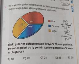 3. Bir iş yerinin gider kalemlerinin, toplam giderlere oranlarının
dağılımı aşağıdaki daire grafiğinde verilmiştir.
137
144°
108°
B) 20
Kira
C) 24
Personel
Diğer
22300
+108 t
252
Öteki giderler değişmeksizin kiraya % 50 zam yapılırsa,
personel gideri bu iş yerinin toplam giderlerinin % kaçı-
nı oluşturur?
A) 18
MAT MA
2160
252
108
D) 25
E) 30