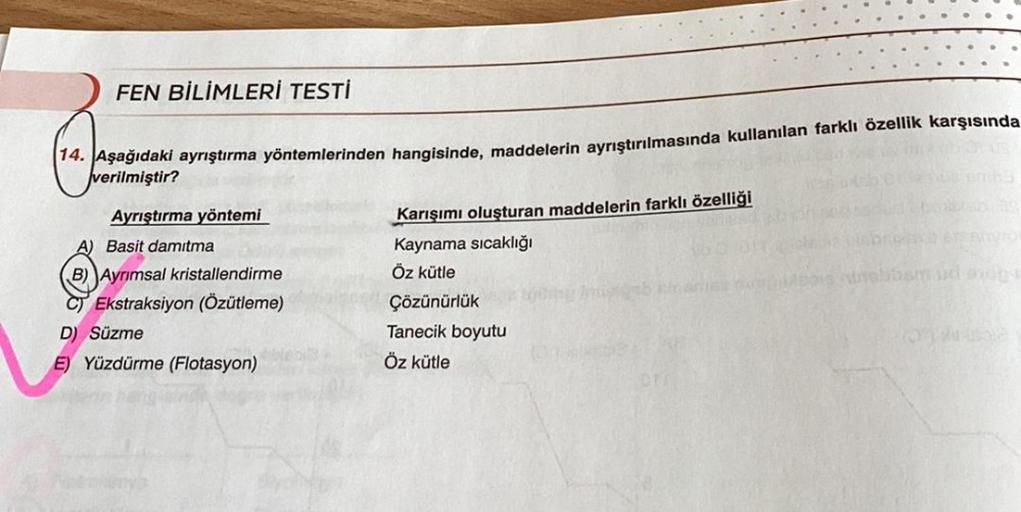 FEN BİLİMLERİ TESTİ
14. Aşağıdaki ayrıştırma yöntemlerinden hangisinde, maddelerin ayrıştırılmasında kullanılan farklı özellik karşısında
verilmiştir?
Ayrıştırma yöntemi
A) Basit damıtma
B) Ayrımsal kristallendirme
C) Ekstraksiyon (Özütleme)
D) Süzme
E) Yü