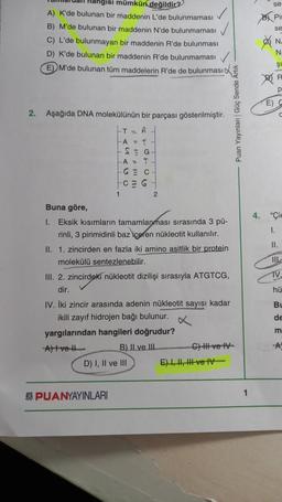 Uall hangisi mümkün değildir?
A) K'de bulunan bir maddenin L'de bulunmaması
B) M'de bulunan bir maddenin N'de bulunmaması
C) L'de bulunmayan bir maddenin R'de bulunması
D) K'de bulunan bir maddenin R'de bulunmaması
EM'de bulunan tüm maddelerin R'de de bulunması
2. Aşağıda DNA molekülünün bir parçası gösterilmiştir.
-T= A
-A T
SE G
A T
G
C
CEG
1
2
Buna göre,
1. Eksik kısımların tamamlanması sırasında 3 pü-
rinli, 3 pirimidinli baz içeren nükleotit kullanılır.
18
II. 1. zincirden en fazla iki amino asitlik bir protein
molekülü sentezlenebilir.
III. 2. zincirdeki nükleotit dizilişi sırasıyla ATGTCG,
dir.
D) I, II ve III
PUANYAYINLARI
IV. İki zincir arasında adenin nükleotit sayısı kadar
ikili zayıf hidrojen bağı bulunur.
yargılarından hangileri doğrudur?
A)tvell
B) II ve III.
C) III ve IV
E) I, II, III ve IV
Puan Yayınları | Güç Sende Artık
1
8
se
Pir
se
N.
N.
E) C
4. "Ci
1.
II.
TIL
TV
hü
Bu
de
m
A