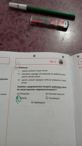 gilardan
aynası
(29/Bitkilerde;
B
wwos
NO
İKS-2
1. yaprak yüzeyinin küçük olması,
II. stomaların yaprağın alt yüzeyinde ve epidermis sevi-
yesinin altında olması,
III. yaprak yüzeyini kaplayan kütikula tabakasının kalın
olması
E) Replikasyon
özellikleri, a