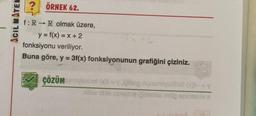 ACIL MATEM
?ÖRNEK 62.
f: R→ R olmak üzere,
y = f(x) = x + 2
fonksiyonu veriliyor.
Buna göre, y = 3f(x) fonksiyonunun grafiğini çiziniz.
3x+6
ÇÖZÜM unoylas (x) = v pisip nununoviashot (x)t-=Y
siis ignemia endg