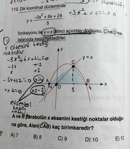 110. Dik koordinat düzleminde
-3x² + 6x + 24
5
y =
talarında kesişmektedirler.
X eksenin kestiğ
noktala
-3x²+6×+24=0
- 3 X
X
fonksiyonu ile y = x birinci açıortay doğrusu, Cve D nok.
+12
+2
-3x+12=0 (4)
x+2=6
-2)
elsene!
kose
TA) 7
A
AY
O
53x² + x +250
3
y = x
B
forhis
4
A ve B parabolün x eksenini kestiği noktalar olduğu-
na göre, Alan(CAB) kaç birimkaredir?
B) 8
C) 9
D) 10
E) 12