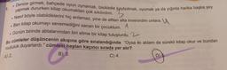 1.
●
yapmak dururken kitap okumaktan çok sıkılırdım.
Denize girmek, bahçede oyun oynamak, bisikletle kaybolmak, uyumak ya da yığınla harika başka şey
• Nasıl böyle olabildiklerini hiç anlamaz, yine de alttan alta imrenirdim onlara.
2
Ben kitap okumayı sevemediğini sanan bir çocuktum. A
Günün birinde ablalarımdan biri elime bir kitap tutuşturdu. 2
Bu cümleler düşüncenin akışına göre sıralandığında "Oysa iki ablam da sürekli kitap okur ve bundan
mutluluk duyarlardı." cümlesi baştan kaçıncı sırada yer alır?
A) 2.
C) 4.
D) 5.
B) 3.