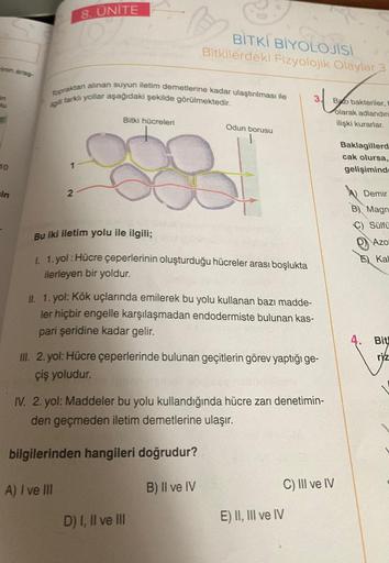 -inin araş
W
10
sin
1
8. ÜNİTE
Topraktan alınan suyun iletim demetlerine kadar ulaştırılması ile
ilgili farklı yollar aşağıdaki şekilde görülmektedir.
2
Bitki hücreleri
BİTKİ BİYOLOJİSİ
Bitkilerdeki Fizyolojik Olaylar 3
Odun borusu
Bu iki iletim yolu ile i