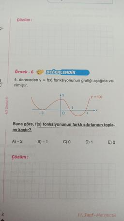 çi
3
4D Serisi Ⓡ
Çözüm:
Örnek-6
DEĞERLENDİR
4. dereceden y = f(x) fonksiyonunun grafiği aşağıda ve-
rilmiştir.
A)-2
- 3
Çözüm:
4
Buna göre, f(x) fonksiyonunun farklı sıfırlarının topla-
mı kaçtır?.
B) - 1
y = f(x)
X
C) 0 D) 1
E) 2
11. Sınıf Matematik