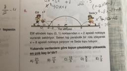 dold
J
tepenin
6.
Elif
x ²²-10x+1
+1
Per 5
Yer seviyesi
A) 211 1/72
5
B) C) 12
Da
O:
2 3
8
Elif elindeki topu (0, 1) noktasından x = 2 apsisli noktaya
vurarak sektiriyor. Seken top parabolik bir rota izleyerek
x = 8 apsisli noktaya çarpıyor ve Seda topu tutuyor.
mo 081 (3
(x-2)(x-8)
Sedax ²-8x-2x+16
118
Yukarıda verilenlere göre topun çıkabildiği yükseklik
en çok kaç br'dir?
no8
x²10x+16
9-300
90 Hup
D) 5815)
E) //