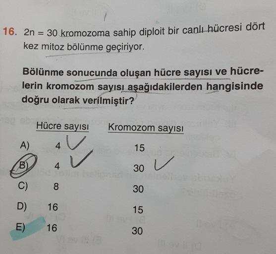 16. 2n = 30 kromozoma sahip diploit bir canlı hücresi dört
kez mitoz bölünme geçiriyor.
pas
Bölünme sonucunda oluşan hücre sayısı ve hücre-
lerin kromozom sayısı aşağıdakilerden hangisinde
doğru olarak verilmiştir?
A)
B)
C)
D)
E)
Hücre sayısı
4
4
8
16
16
K