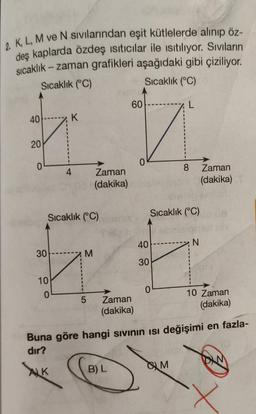 2. K, L, M ve N sıvılarından eşit kütlelerde alınıp öz-
deş kaplarda özdeş ısıtıcılar ile ısıtılıyor. Sıvıların
sıcaklık-zaman grafikleri aşağıdaki gibi çiziliyor.
Sıcaklık (°C)
Sıcaklık (°C)
40
20
0
30
K
10
0
4
Sıcaklık (C)
Zaman
(dakika)
M
60
5 Zaman
(dakika)
B) L
40
30
0
L
Sıcaklık (°C)
8
M
N
Zaman
(dakika)
Buna göre hangi sıvının ısı değişimi en fazla-
dır?
ALK
10 Zaman
(dakika)
x