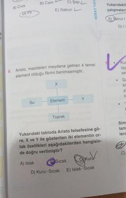 A) Civa
D) Pil
B) Cam
Su-
E) Sabun L
8. Aristo, maddeleri meydana getiren 4 temel
element olduğu fikrini benimsemiştir.
X
Element
C) Şap L
Toprak
D) Kuru-Sıcak
MIRAY YAY
Y
Yukarıdaki tabloda Aristo felsefesine gö-
re, X ve Y ile gösterilen iki elementin or-
tak özellikleri aşağıdakilerden hangisin-
de doğru verilmiştir?
A) Islak
B Sıcak
E) Islak-Sıcak
Yukarıdakil
çalışmaları
A) Yalnız I
D) Iv
L
Kus
lay
se
. Ga
ki
yu
O
E
Sim
lam
lerc
C)