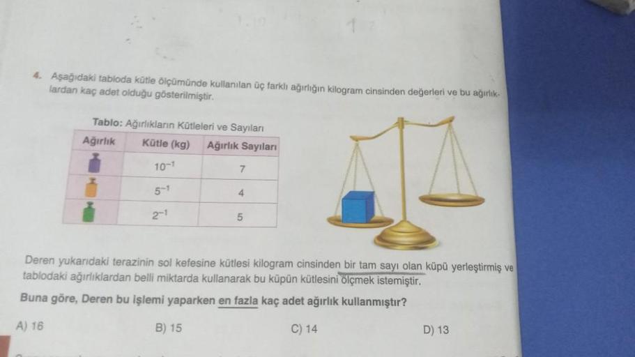 4. Aşağıdaki tabloda kütle ölçümünde kullanılan üç farklı ağırlığın kilogram cinsinden değerleri ve bu ağırlık
lardan kaç adet olduğu gösterilmiştir.
Tablo: Ağırlıkların Kütleleri ve Sayıları
Ağırlık
Kütle (kg)
Ağırlık Sayıları
10-1
5-1
2-1
7
B) 15
4
5
Der