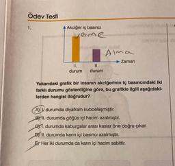 Ödev Testi
1.
Akciğer iç basıncı
verme
II.
I.
durum durum
Alma
→ Zaman
on
Yukarıdaki grafik bir insanın akciğerinin iç basıncındaki iki
farklı durumu gösterdiğine göre, bu grafikle ilgili aşağıdaki-
lerden hangisi doğrudur?
A) durumda diyafram kubbeleşmiştir.
BI. durumda göğüs içi hacim azalmıştır.
1. durumda kaburgalar arası kaslar öne doğru çıkar.
D) II. durumda karın içi basıncı azalmıştır.
E Her iki durumda da karın içi hacim sabittir.