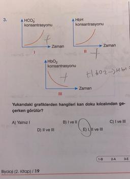 3.
A HCO3
konsantrasyonu
A) Yalnız I
Zaman
Biyoloji (2. Kitap) / 19
D) II ve III
A HbH
HbO₂
konsantrasyonu
+
|||
konsantrasyonu
+
Yukarıdaki grafiklerden hangileri kan doku kılcalından ge-
çerken görülür?
B) I ve II
-00
t|602-)+b+=
Zaman
Zaman
E) I, II ve III
1-B
C) I ve III
2-A
3-E