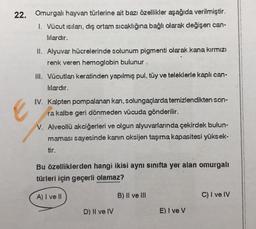 22. Omurgalı hayvan türlerine ait bazı özellikler aşağıda verilmiştir.
I. Vücut ısıları, dış ortam sıcaklığına bağlı olarak değişen can-
lılardır.
II. Alyuvar hücrelerinde solunum pigmenti olarak kana kırmızı
renk veren hemoglobin bulunur.
III. Vücutları keratinden yapılmış pul, tüy ve teleklerle kaplı can-
lılardır.
IV. Kalpten pompalanan kan, solungaçlarda temizlendikten son-
ra kalbe geri dönmeden vücuda gönderilir.
V. Alveollü akciğerleri ve olgun alyuvarlarında çekirdek bulun-
maması sayesinde kanin oksijen taşıma kapasitesi yüksek-
tir.
Bu özelliklerden hangi ikisi aynı sınıfta yer alan omurgalı
türleri için geçerli olamaz?
A) I ve II
D) II ve IV
B) II ve III
E) I ve V
C) I ve IV