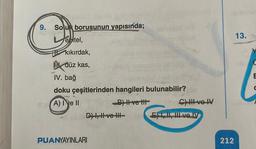 9. Souk borusunun yapısında;
Lepitel,
kıkırdak,
düz kas,
IV. bağ
doku çeşitlerinden hangileri bulunabilir?
A) I ve II
B) Ht ve tit
D) I, II ve III
PUANYAYINLARI
C) II ve IV
E) I, II, III ve LV
212
13.
E
C