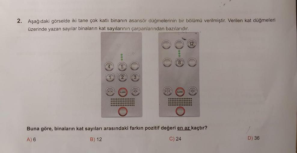 2. Aşağıdaki görselde iki tane çok katlı binanın asansör düğmelerinin bir bölümü verilmiştir. Verilen kat düğmeleri
üzerinde yazan sayılar binaların kat sayılarının çarpanlarından bazılarıdır.
2
ALARM
00000000000000
00000000000000
00000000000000
●●●00
ALAR