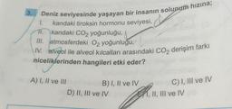 3.
Deniz seviyesinde yaşayan bir insanın solunum hızına;
1. kandaki tiroksin hormonu seviyesi,
11.
kandaki CO2 yoğunluğu,
III. atmosferdeki O₂ yoğunluğu,
IV. alveol ile alveol kılcalları arasındaki CO₂ derişim farkı
niceliklerinden hangileri etki eder?
A) I, II ve III
B) I, II ve IV
D) II, III ve IV
C) I, III ve IV
1, II, III ve IV