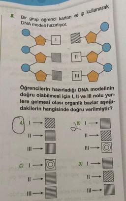 8. Bir grup öğrenci karton ve ip kullanarak
DNA modeli hazırlıyor.
@
||
Öğrencilerin hazırladığı DNA modelinin
doğru olabilmesi için I, II ve III nolu yer-
lere gelmesi olası organik bazlar aşağı-
dakilerin hangisinde doğru verilmiştir?
=
lach
-
III-
-50 |||
C) 1-
||
Ho
of
2³1
=
1
|||
D) I→
||→>>
III-