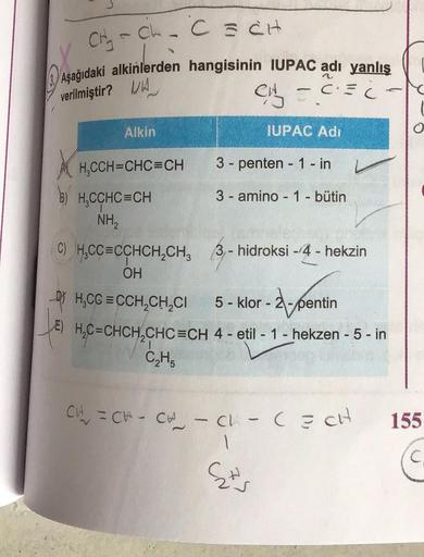 CH₂ - CH - C = CH
Aşağıdaki alkinlerden hangisinin IUPAC adı yanlış
verilmiştir? A
CH₂=C=C1
Alkin
XXH₂CCH=CHC=CH
B) H₂CCHC=CH
NH₂
C) H₂CC=CCHCH₂CH₂
OH
DH₂CC=CCH₂CH₂CI
E) H₂C=CHCH₂CHC=CH
C₂H5
IUPAC Adi
3-penten 1 - in
3 amino - 1 - bütin
3- hidroksi -4- hek