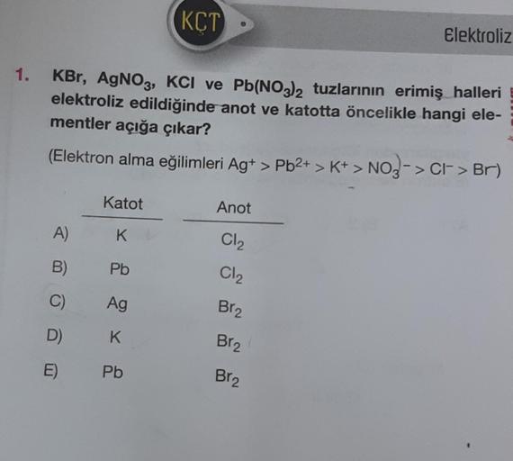 1.
KBr, AgNO3, KCI ve Pb(NO3)2 tuzlarının erimiş halleri
elektroliz edildiğinde anot ve katotta öncelikle hangi ele-
mentler açığa çıkar?
A)
B)
C)
D)
E)
(Elektron alma eğilimleri Ag+ > Pb2+ > K+ > NO3-> Cl > Br)
CI
Katot
K
Pb
KCT
Ag
K
Pb
Anot
Cl₂
Cl₂
Br₂
E