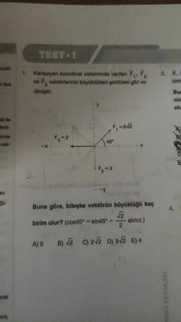 Dyok-
si de
lenir.
tirme
vek-
gu
areti
TEST 1
1. Kartezyen koordinat sisteminde verilen F₁, F,
ve F, vektörlerinin büyüklükleri şekildeki gibi ve-
rilmiştir.
F3 =2
F₁ = 6√2
45°
Buna göre, bileşke vektörün büyüklüğü kaç
√2
birim olur? (cos45° = sin45°
2
alınız.)
A) 5 B) √2 C) 2√2 D) 3√2 E) 4
3. K,
RIRAY YAYINLARI
birin
Bur
olu
4.
D
E