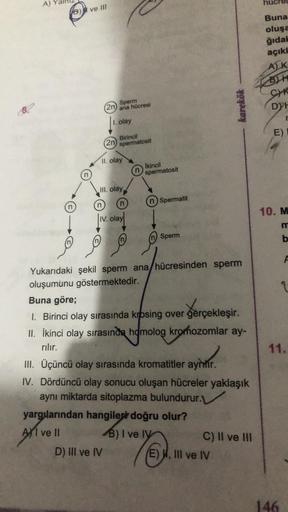 8
B) ve Ill
n
2n
Sperm
ana hücresi
1. olay
(2n
Birincil
spermatosit
II. olay
III. olay
nn
olay
D) III ve IV
n
İkincil
spermatosit
n) Spermatit
(n) Sperm
Yukarıdaki şekil sperm ana/hücresinden sperm
oluşumunu göstermektedir.
Buna göre;
Gerçe
1. Birinci olay