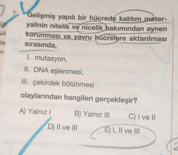 ün
NA
la
en
Gelişmiş yapılı bir hücrede kalıtım mater-
yalinin nitelik ve nicelik bakımından aynen
korunması ve yavru hücrelere aktarılması
sırasında,
I. mutasyon,
II. DNA eşlenmesi,
III. çekirdek bölünmesi
olaylarından hangileri gerçekleşir?
A) Yalnız I
B