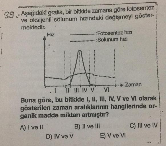 39. Aşağıdaki grafik, bir bitkide zamana göre fotosentez
ve oksijenli' sölunum hızındaki değişmeyi göster-
mektedir.
1
Hız
********
D) IV ve V
.:Fotosentez hızı
.:Solunum hızıI
LAL
I
II III IV V VI
Buna göre, bu bitkide I, II, III, IV, V ve VI olarak
göste