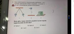 X
3.
Hava sürtünmelerinin önemsenmediği sistemlerde; 1 ve 3
numaralı sistemlerdeki kütleler dengededir. 2 numaralı ci-
sim ise h yüksekliğinden serbest bırakılmaktadır.
-q
1
-q
A) Yalnız 1
m
D) 1 ve 3
h
2
Buna göre, hangi sistemde yerçekimi kuvveti dışında
başka kuvvetler de etki eder?
B) Yalnız 2
3
E) 2 ve 3
C) Yalnız 3