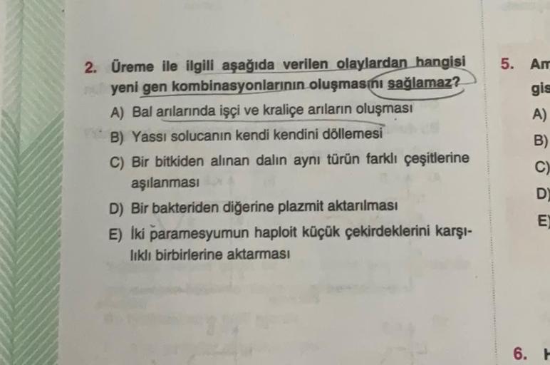 2. Üreme ile ilgili aşağıda verilen olaylardan hangisi
yeni gen kombinasyonlarının oluşmasını sağlamaz?
A) Bal arılarında işçi ve kraliçe arıların oluşması
B) Yassı solucanın kendi kendini döllemesi
C) Bir bitkiden alınan dalın aynı türün farklı çeşitlerin