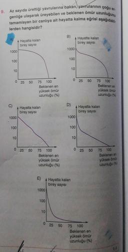 9.
Az sayıda ürettiği yavrularına bakan, yavrularının çoğu er.
genliğe ulaşarak üreyebilen ve beklenen ömür uzunluğunu
tamamlayan bir canlıya ait hayatta kalma eğrisi aşağıdaki.
lerden hangisidir?
1000
100
10
0 25 50
1000
100
Hayatta kalan
birey sayısı
10
4 Hayatta kalan
birey sayısı
75 100
Beklenen en
yüksek ömür
uzunluğu (%)
0 25 50
75 100
Beklenen en
yüksek ömür
uzunluğu (%)
E)
1000
100
B)
10
1000
100
D)
4 Hayatta kalan
birey sayısı
4 Hayatta kalan
birey sayısı
10
0 25
1000
100
0 25 50 75
A Hayatta kalan
birey sayısı
10
50
0
25 50
75 100
Beklenen en
yüksek ömür
uzunluğu (%)
100
Beklenen en
yüksek ömür
uzunluğu (%)
75 100
Beklenen en
yüksek ömür
uzunluğu (
9-A