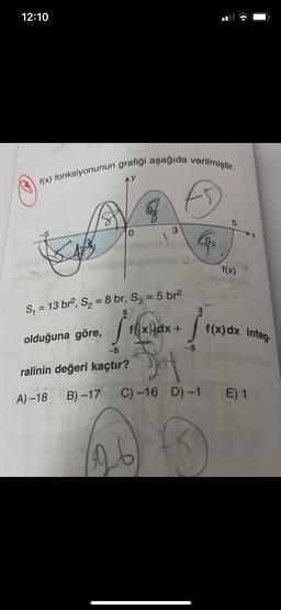 12:10
f(x) fonksiyonunun grafiği aşağıda verilmiştir.
Bog
0
olduğuna göre,
1
S₁ = 13 br², S₂ = 8 br, S3 = 5.br²
3
{ 10
f(x)dx +
-5
-5
ralinin değeri kaçtır?
A)-18 B)-17
196
S3
5
f(x)
f(x) dx integ.
C) -16 D)-1 E) 1