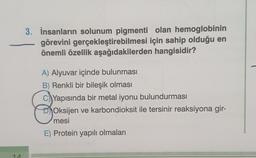 14
3. İnsanların solunum pigmenti olan hemoglobinin
görevini gerçekleştirebilmesi için sahip olduğu en
önemli özellik aşağıdakilerden hangisidir?
P
A) Alyuvar içinde bulunması
B) Renkli bir bileşik olması
C)Yapısında bir metal iyonu bulundurması
DO!
Oksijen ve karbondioksit ile tersinir reaksiyona gir-
mesi
E) Protein yapılı olmaları