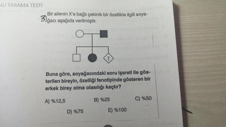 NU TARAMA TESTI
Bir ailenin X'e bağlı çekinik bir özellikle ilgili soya-
3)ğacı aşağıda verilmiştir.
Buna göre, soyağacındaki soru işareti ile gös-
terilen bireyin, özelliği fenotipinde gösteren bir
erkek birey olma olasılığı kaçtır?
B) %25
A) %12,5
?
D) %