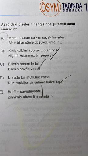 Aşağıdaki dizelerin hangisinde şiirsellik daha
sınırlıdır?
A)
ÖSYM TADINDA 1
SORULAR
Mora dolanan salkım saçak hayaller,
Birer birer gönle düşüyor şimdi
B) Kırık kalbimin çorak toprağında
Hiç mi yeşermez bir papatya
C) Bilirsin haram helali
Bilirsin sevâb 