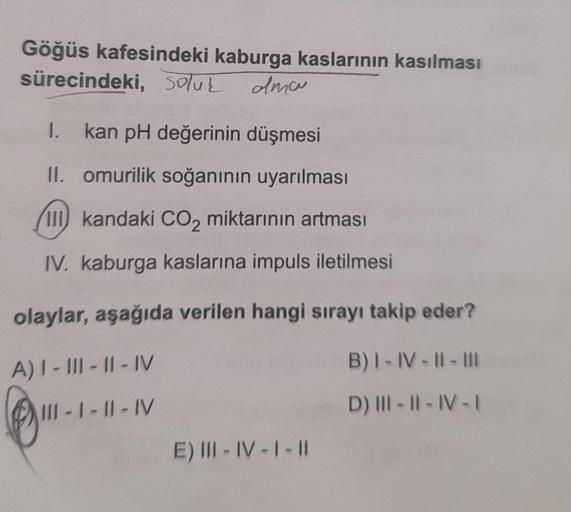 Göğüs kafesindeki kaburga kaslarının kasılması
sürecindeki, solut
alma
1. kan pH değerinin düşmesi
II. omurilik soğanının uyarılması
III kandaki CO2 miktarının artması
IV. kaburga kaslarına impuls iletilmesi
olaylar, aşağıda verilen hangi sırayı takip eder