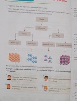 1. Öğretmen Enes Bey, öğrencilerine aşağıdaki ödevi veriyor.
Ödev: Maddeler, yapılarındaki atomların ve moleküllerin çeşidine, görünüşüne ve sayısına göre sin Aşağı
Maddelerin siniflandırılması ile ilgili bir kavram şeması hazırlayınız.
Atomik yapılı
C)
Element
Molekül yapılı
Maddenin tüm sınıflandırma şeması
doğru bir şekilde hazırlanmıştır.
Madde
Saf maddeler için çizilen modeller doğ-
ru verilmiştir.
Saf madde
Moleküler yapılı
Bir öğrencinin ödev için hazırladığı kavram şeması şekilde gösterilmiştir.
Buna göre bu öğrencinin hazırladığı kavram şeması ile ilgili aşağıdaki arkadaşlarından hangisin
rumu yanlıştır?
A)
B)
eler
Bileşik
D)
Moleküler yapılı olmay
2. Ayni c
le özd
bulun
Saf maddelerin alt sınıflandırılması di
ru verilmiştir.
Çizilen şemada saf olmayan madde
gösterilmemiştir.
ve mc
Kartla
1. Fa
11. M
III. E
Buna
A) I v
3. Öme
duğu
F
Bun
gisi
A)
B)
C