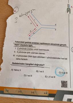 1-C
? bilmiyoru
A) Yalnız II
2-C
3'
3
5'
2
1
D) I ve III
Yukarıdaki şekilde anlatılan replikasyon sürecinde gerçek-
leşen olaylarla ilgili;
1. 2 yönünde üretilen zincir kesintisizdir.
II. 3 yönünde iplik uzaması olamaz.
III. 4 yönündeki DNA ligaz aktivitesi 1 yönündekinden kat kat
daha fazladır.
ifadelerinden hangileri doğrudur?
3-E
B) I ve II
5'
3¹
4-A
E) I, II ve III
DERS
MARKET
C) II ve III
ONXO