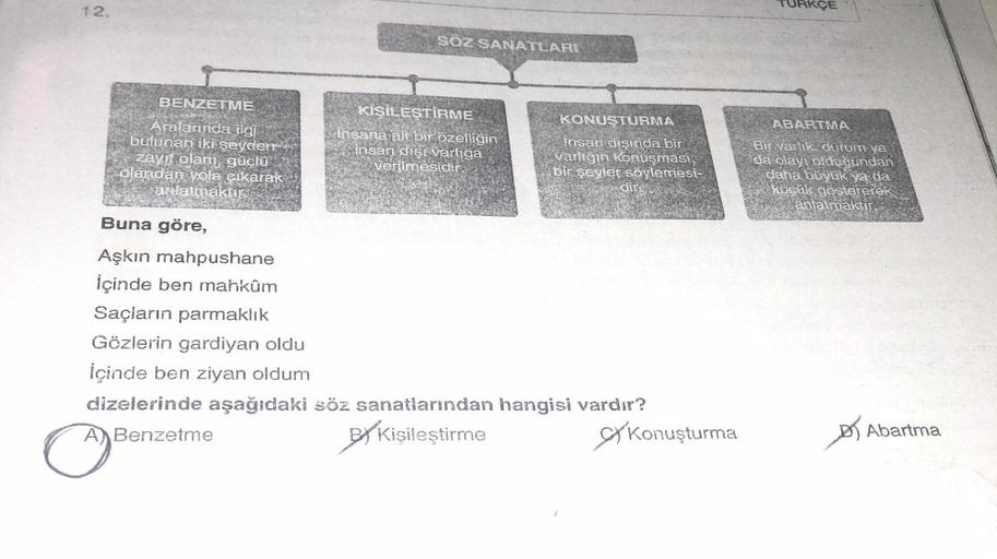 12.
BENZETME
Aralarında ilgi
bulunan iki şeyden
zayıf olanı, güçlü
olandan yola çıkarak
anlatmaktır.
Buna göre,
Aşkın mahpushane
İçinde ben mahkûm
Saçların parmaklık
Gözlerin gardiyan oldu
İçinde ben ziyan oldum
SÖZ SANATLARI
KİŞİLEŞTİRME
Insana ait bir öz