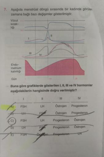 7. Aşağıda menstrual döngü sırasında bir kadında görülen
zamana bağlı bazı değişimler gösterilmiştir.
Vücut 37,05
sıcak-
lığı
Endo-
metrium
kalınlığı
Gün
A)
Buna göre grafiklerde gösterilen I, II, III ve IV hormonlar
aşağıdakilerin hangisinde doğru verilmi